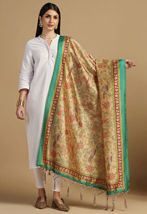 Digital Printed Art Silk Dupatta in Yellow