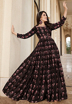 Digital Printed Art Silk Flared Gown in Dark Brown