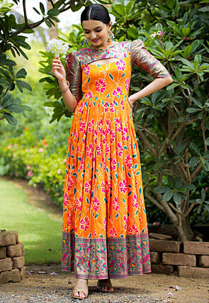 Digital Printed Art Silk Gown in Orange