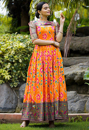 Digital Printed Art Silk Gown in Orange