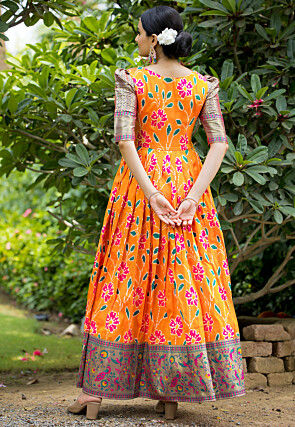 Digital Printed Art Silk Gown in Orange