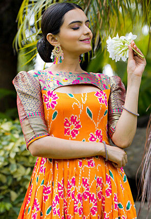 Digital Printed Art Silk Gown in Orange