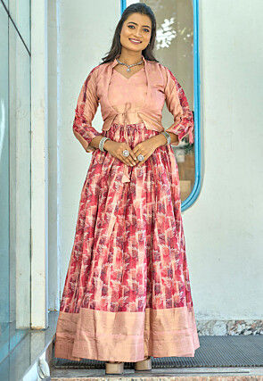 Digital Printed Art Silk Gown in Pink