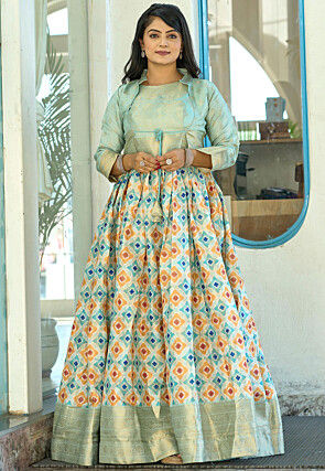 Digital Printed Art Silk Gown in Sky Blue