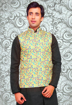 Digital Printed Art Silk Jacket in Light Yellow