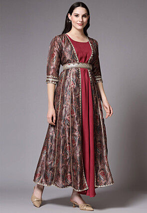 Digital Printed Art Silk Jacket Style Dress in Brown and Maroon