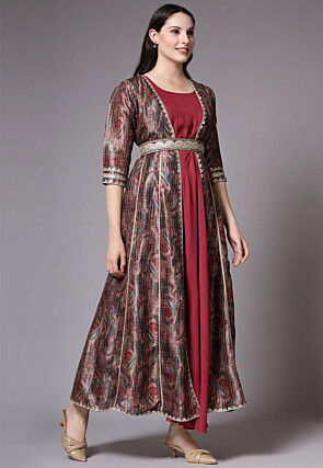 Digital Printed Art Silk Jacket Style Dress in Brown and Maroon