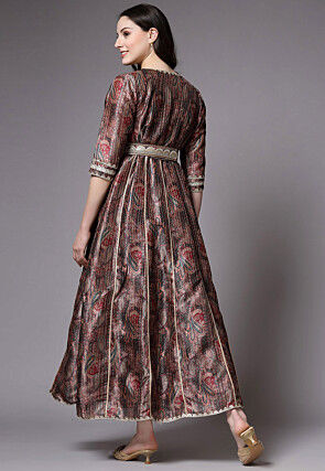 Digital Printed Art Silk Jacket Style Dress in Brown and Maroon
