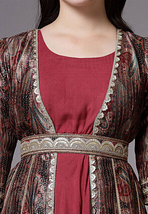 Digital Printed Art Silk Jacket Style Dress in Brown and Maroon