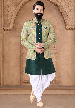Digital Printed Art Silk Jacket Style Sherwani in Dark Green