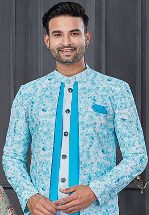 Digital Printed Art Silk Jacket Style Sherwani in Light Blue