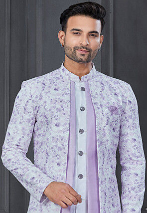 Digital Printed Art Silk Jacket Style Sherwani in Light Purple