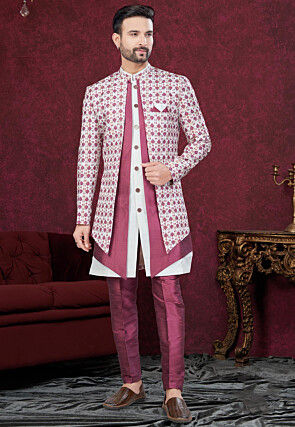 Digital Printed Art Silk Jacket Style Sherwani in Pink and Off White