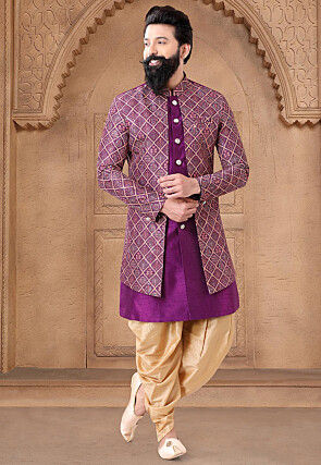 Digital Printed Art Silk Jacket Style Sherwani in Purple