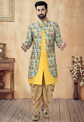 Digital Printed Art Silk Jacket Style Sherwani in Yellow and Multicolor