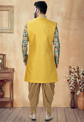 Digital Printed Art Silk Jacket Style Sherwani in Yellow and Multicolor
