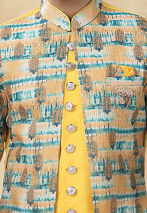 Digital Printed Art Silk Jacket Style Sherwani in Yellow and Multicolor