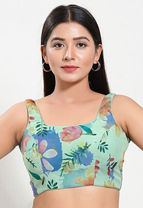 Digital Printed Art Silk Jacquard Blouse in Sea Green