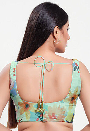 Digital Printed Art Silk Jacquard Blouse in Sea Green