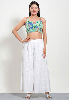 Digital Printed Art Silk Jacquard Blouse in Sea Green