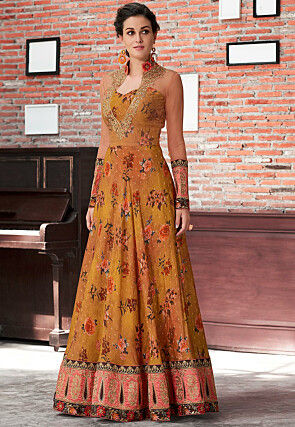 Digital Printed Art Silk Jacquard Gown in Old Gold and Peach