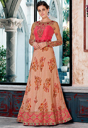 Digital Printed Art Silk Jacquard Gown in Peach and Pink
