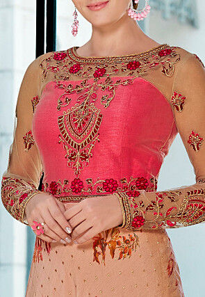 Digital Printed Art Silk Jacquard Gown in Peach and Pink