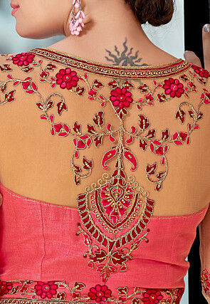 Digital Printed Art Silk Jacquard Gown in Peach and Pink