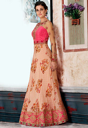 Digital Printed Art Silk Jacquard Gown in Peach and Pink