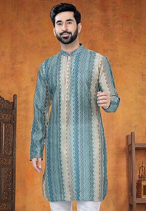 Digital Printed Art Silk Jacquard Kurta in Blue