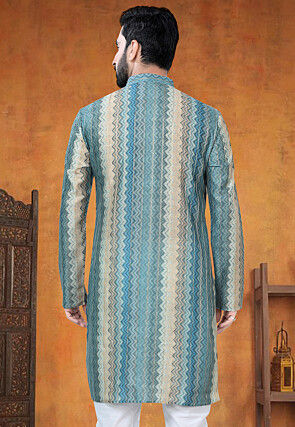 Digital Printed Art Silk Jacquard Kurta in Blue
