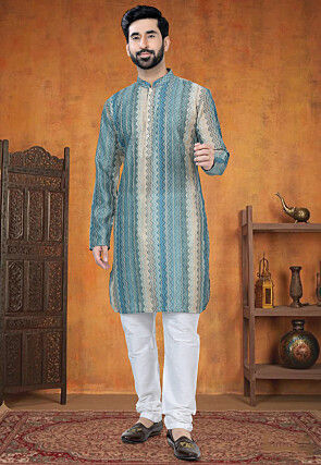 Digital Printed Art Silk Jacquard Kurta in Blue