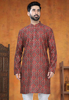Digital Printed Art Silk Jacquard Kurta in Maroon