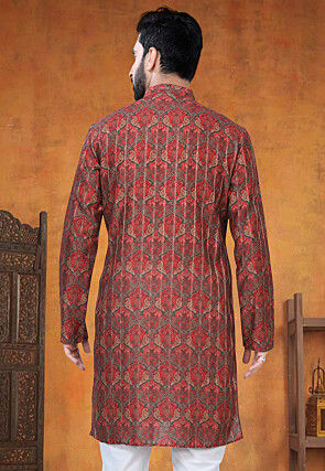 Digital Printed Art Silk Jacquard Kurta in Maroon