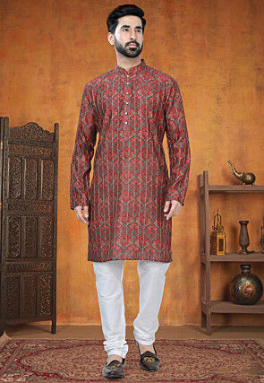 Digital Printed Art Silk Jacquard Kurta in Maroon