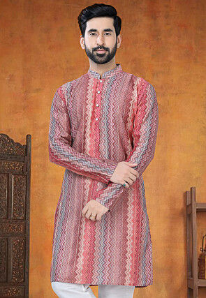 Digital Printed Art Silk Jacquard Kurta in Multicolor