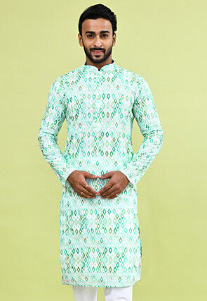 Digital Printed Art Silk Jacquard Kurta in White and Green