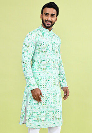 Digital Printed Art Silk Jacquard Kurta in White and Green