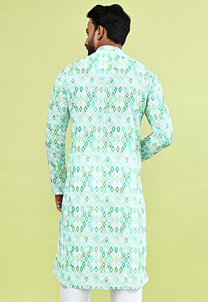 Digital Printed Art Silk Jacquard Kurta in White and Green