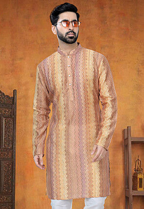 Digital Printed Art Silk Jacquard Kurta in Yellow and Orange