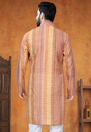 Digital Printed Art Silk Jacquard Kurta in Yellow and Orange