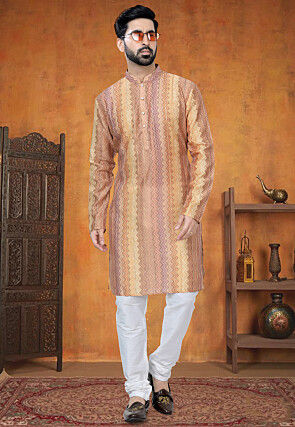 Digital Printed Art Silk Jacquard Kurta in Yellow and Orange