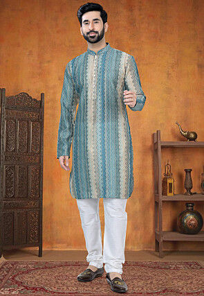 Digital Printed Art Silk Jacquard Kurta Set in Blue