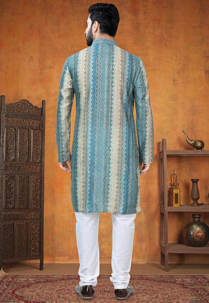 Digital Printed Art Silk Jacquard Kurta Set in Blue
