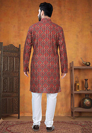 Digital Printed Art Silk Jacquard Kurta Set in Maroon