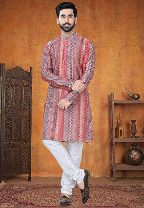Digital Printed Art Silk Jacquard Kurta Set in Multicolor