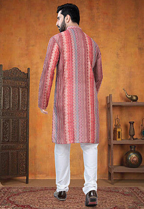 Digital Printed Art Silk Jacquard Kurta Set in Multicolor
