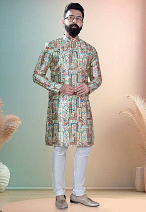 Digital Printed Art Silk Jacquard Kurta Set in Multicolor