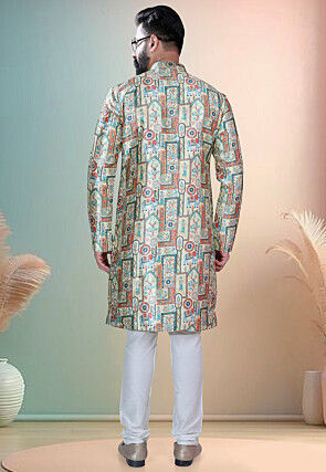 Digital Printed Art Silk Jacquard Kurta Set in Multicolor