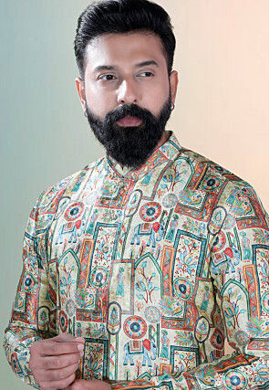 Digital Printed Art Silk Jacquard Kurta Set in Multicolor